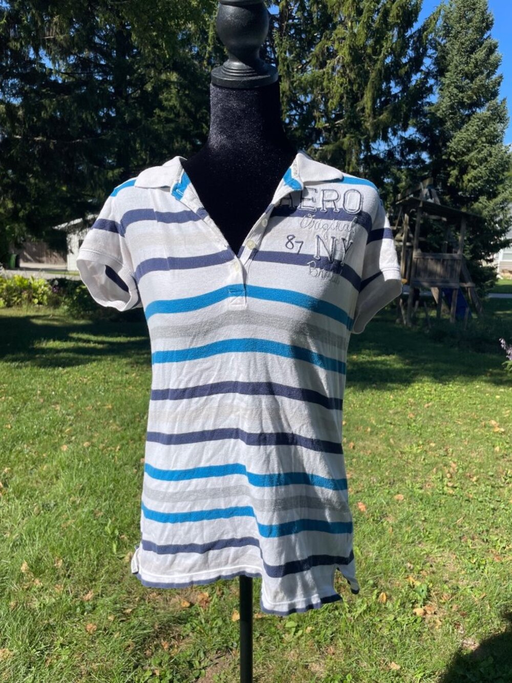 Vintage Y2K Aeropostale Micro Polo Embroidered Spellout Striped XL Cotton Preppy